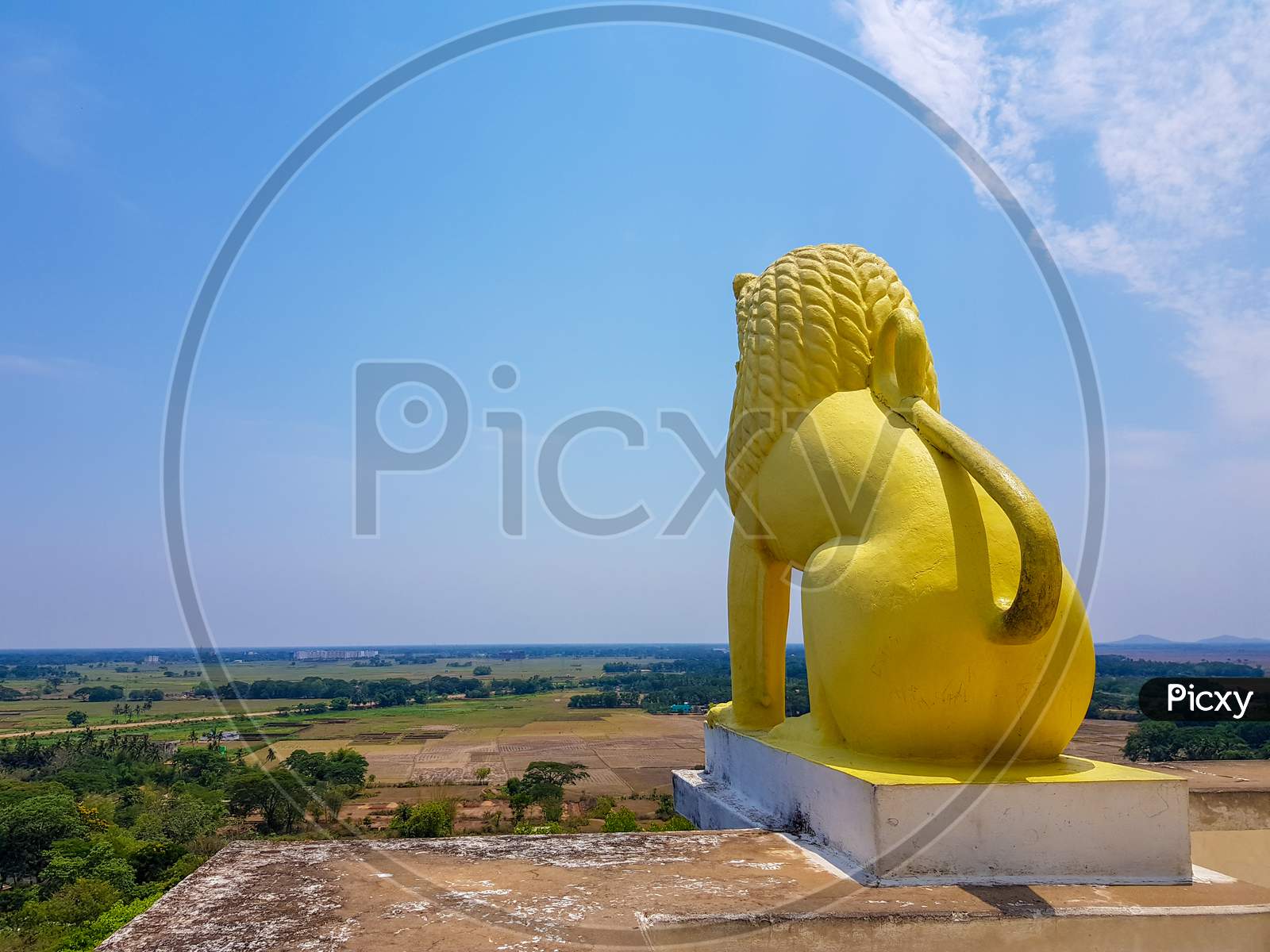 Skyline Of Odisa And Golden Lion Statue At Theview Point Of Dhauli Shanti Stupa At Odisha,India