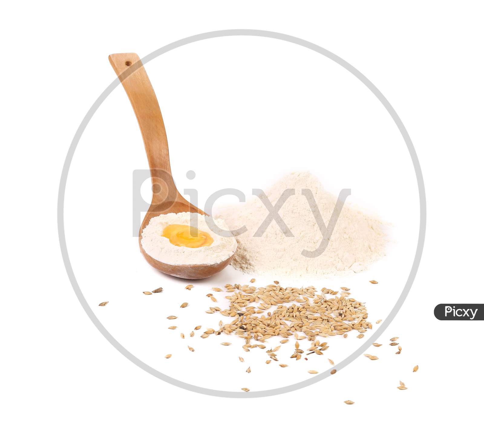 Egg Yolk In Spoon With Flour. Isolated On A White Background.