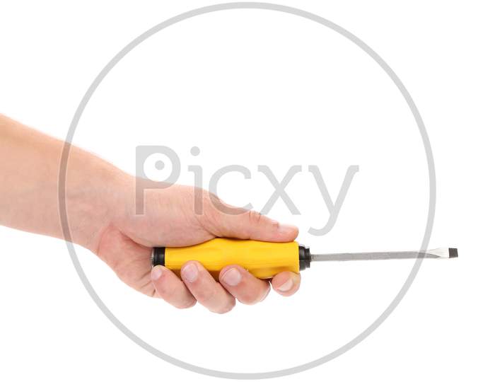 Screwdriver With Yellow Handle In Hands. Isolated On A White Background.