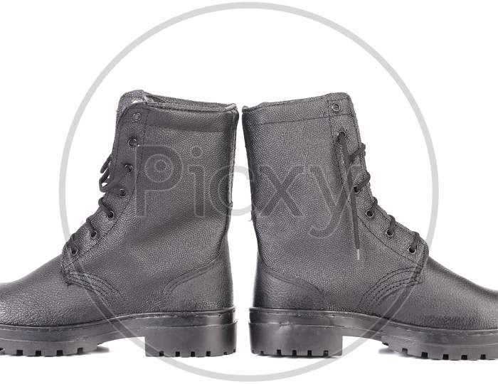 Black Leather Man'S Boots. Isolated On A White Background.