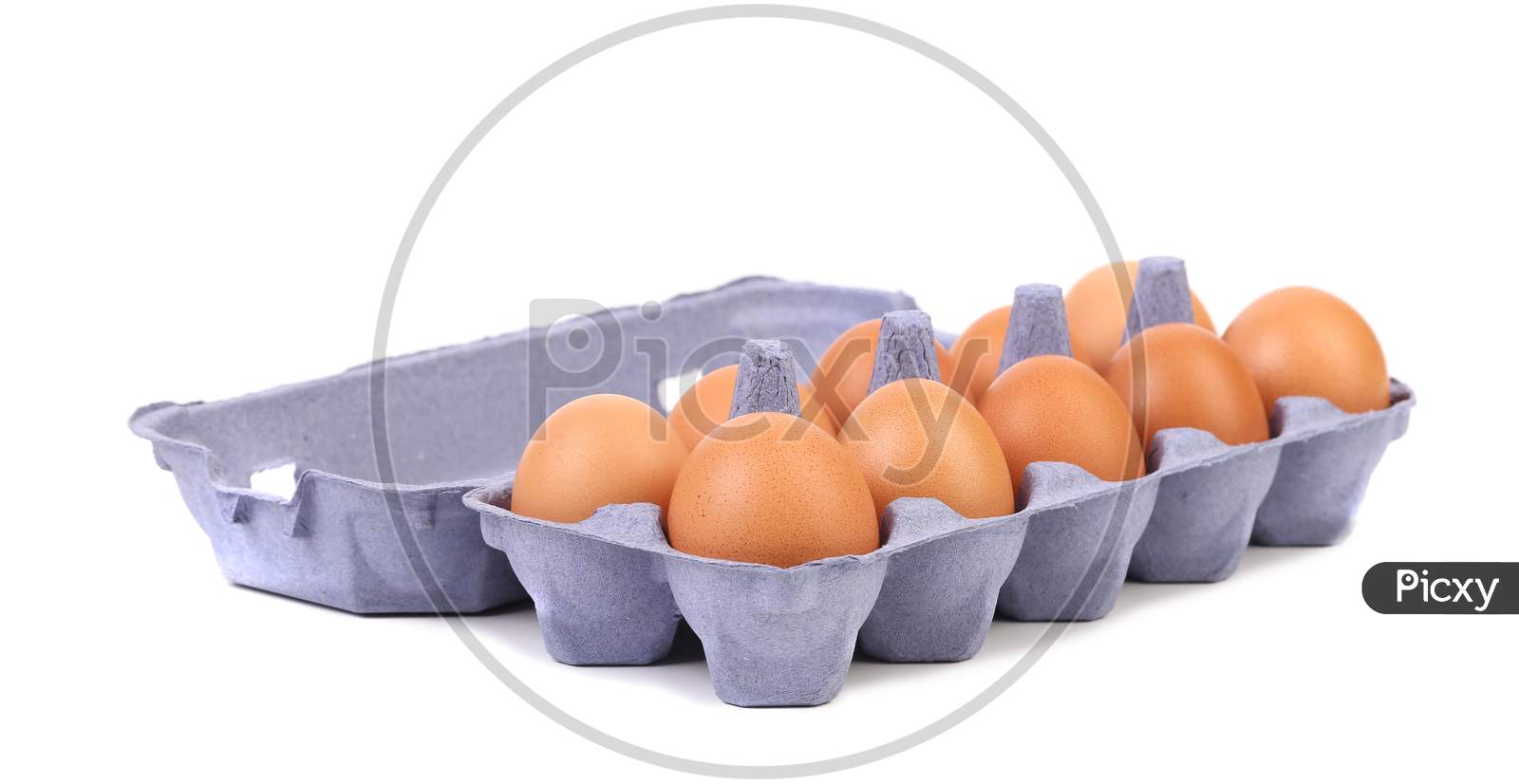 Ten Eggs In A Blue Carton Box. Isolated On A White Background.