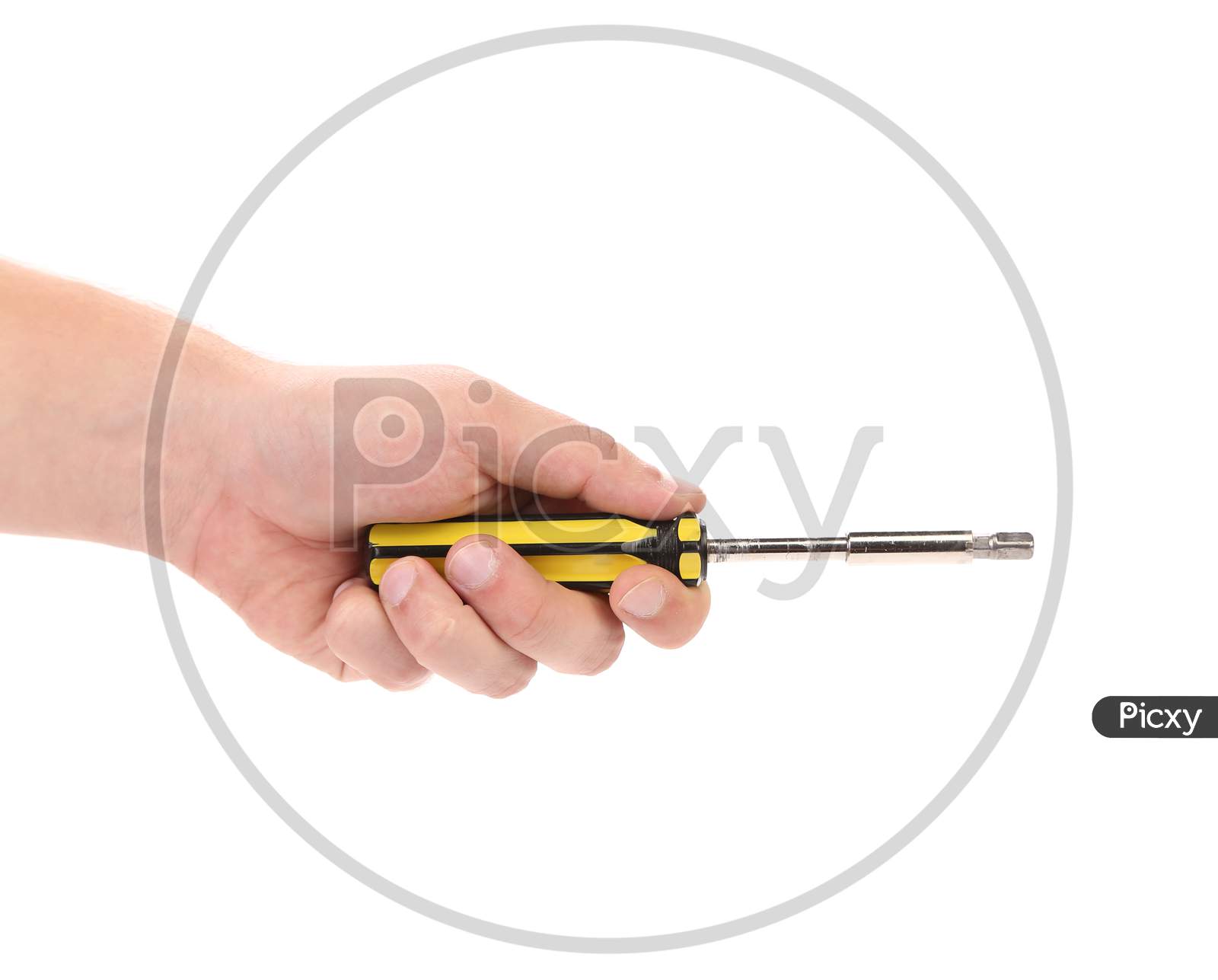 Screwdriver With Yellow Handle In Hands. Isolated On A White Background.