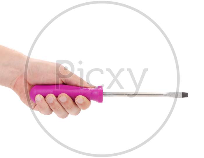 Screwdriver With Pink Handle In Hands. Isolated On A White Background.