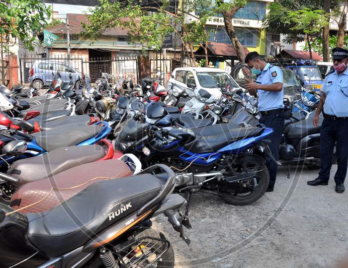 Guwahati: Two-Wheelers Seized For Violating The Odd-Even Method Introduced By Assam Police From Today During The Nationwide Lockdown In View Of The Covid-19 Pandemic In Guwahati, Friday, April 10, 2020.