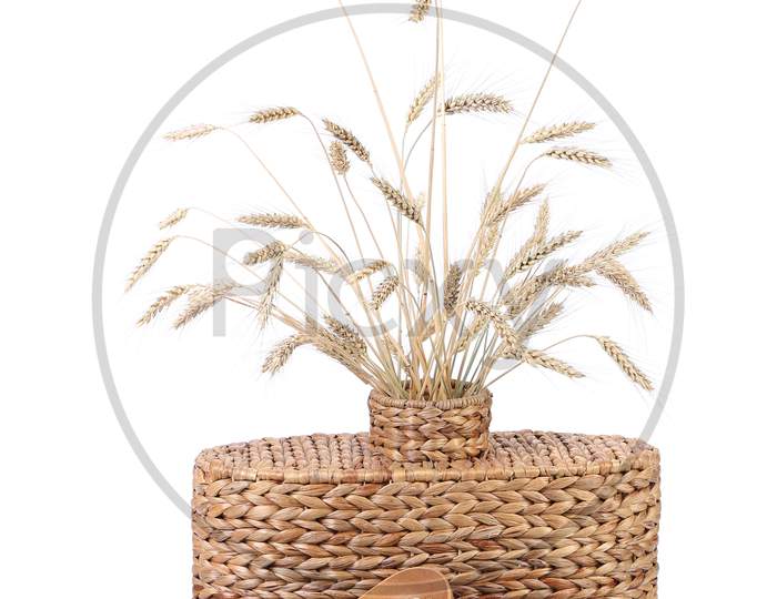 Wicker Vase With Wheat Ears. Isolated On A White Background.