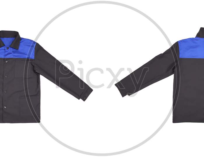 Blue-Black Jacket Back And Front View. Isolated On A White Background.