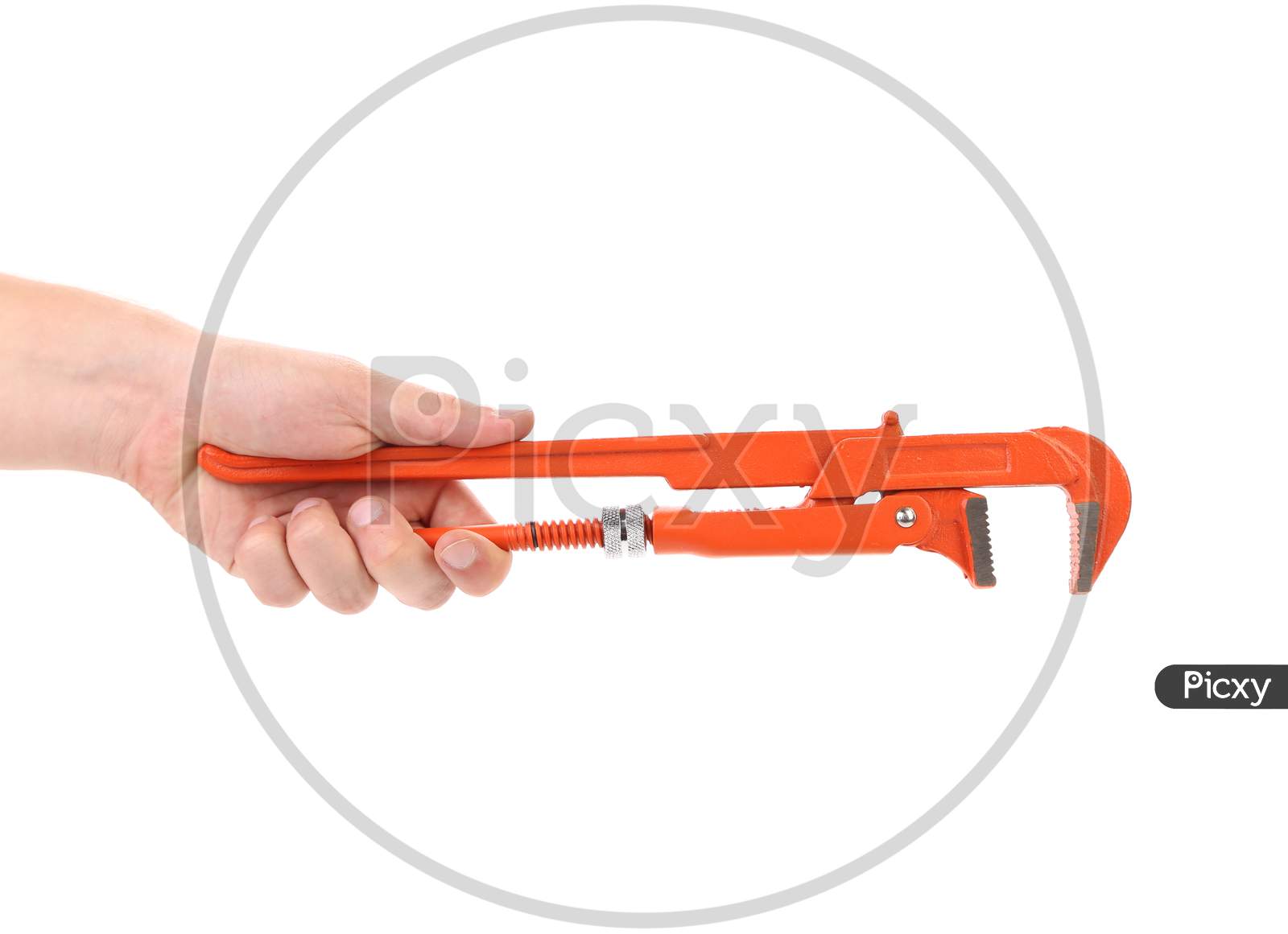 Hand Holding Wrench. Isolated On A White Background.