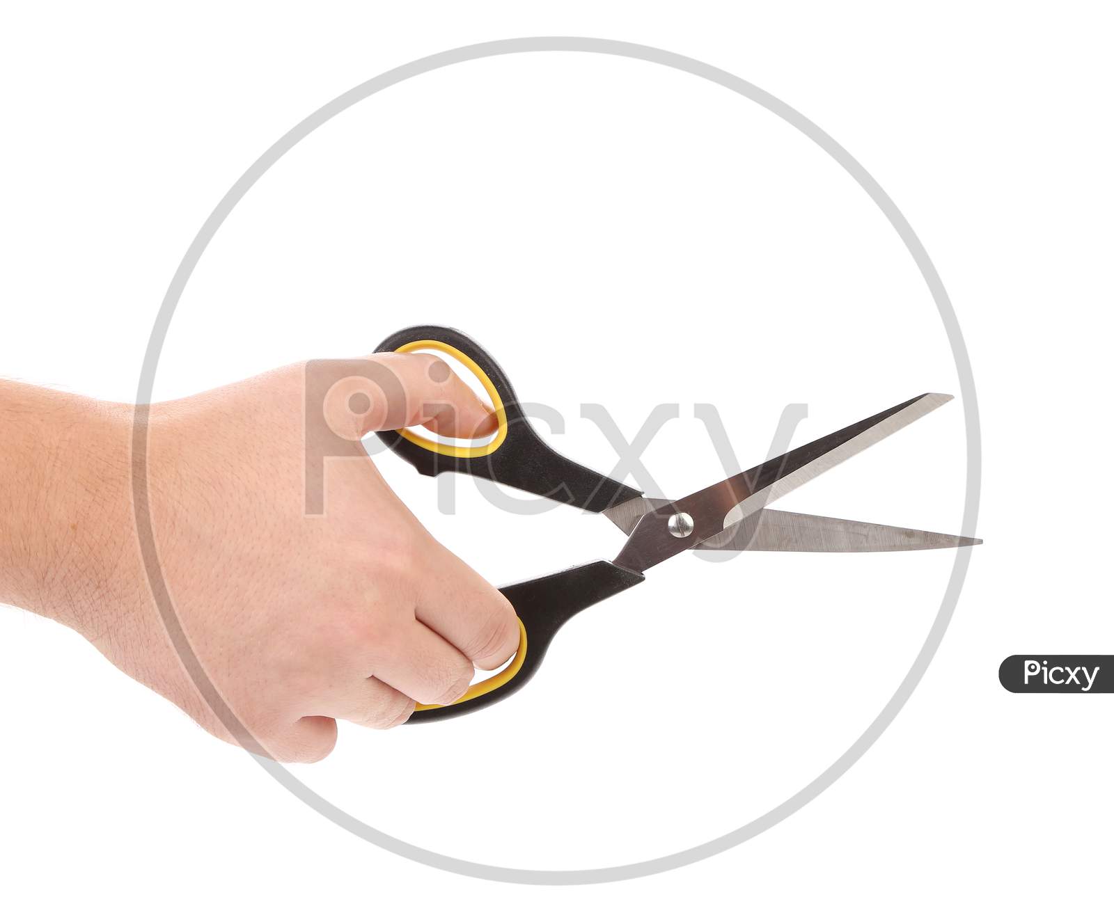 Male Hand Holding Scissors. Isolated On White Background.