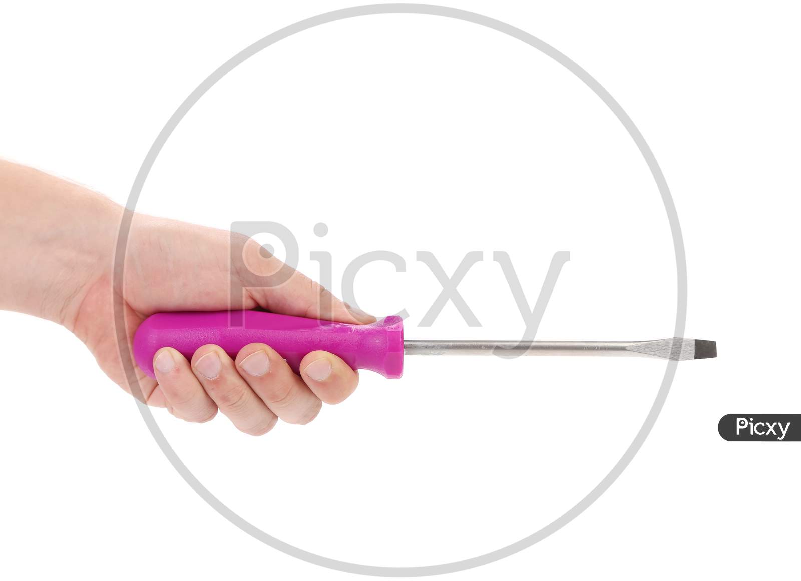 Screwdriver With Pink Handle In Hands. Isolated On A White Background.