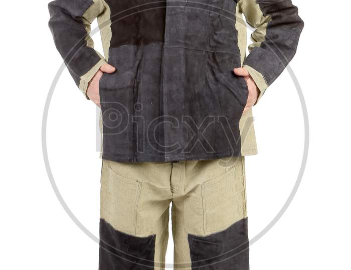 Welder In Workwear Suit. Isolated On A White Background.
