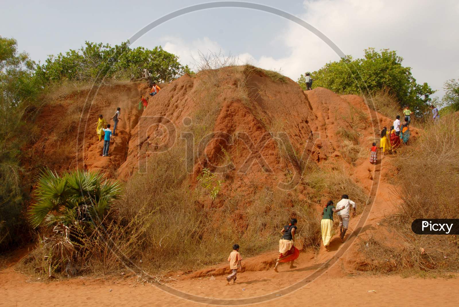 Indian Rural Village Children Climbing Sand Dunes At a River Bank