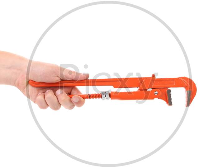 Hand Holding Wrench. Isolated On A White Background.