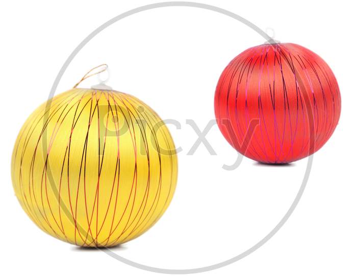 Red And Yellow Christmas Balls. Isolated On A White Background.