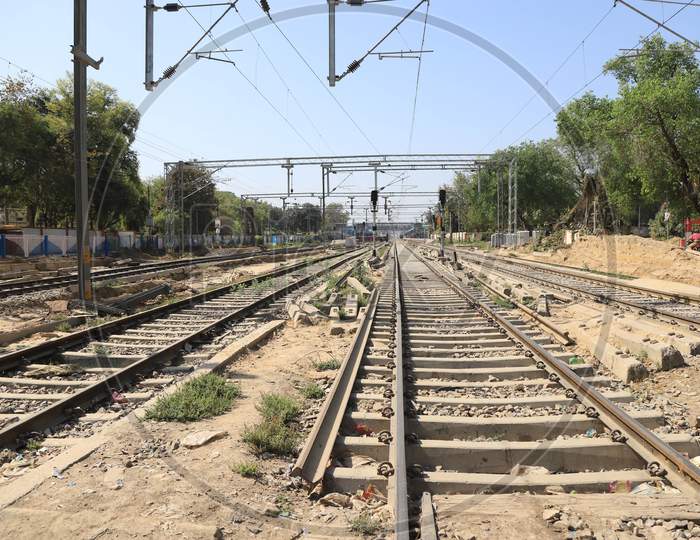 Trains Stand On Railway Track During Nationwide Lockdown In Wake Of Coronavirus Pandemic At Prayag Railway Station In Prayagraj, March 10, 2020.