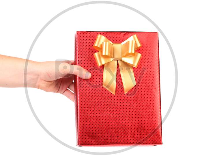 Red Gift Box With Golden Bow In Hand. White Background.