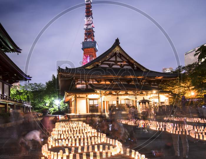 Handmade Japanese Washi Paper Lanterns Aligned In Circles Illuminating The Ground Of The Zojoji Temple Near The Tokyo Tower During Tanabata Day On July 7Th.