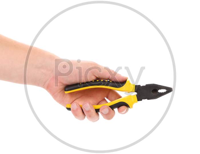 Hand Holding Pliers. Isolated On A White Background.