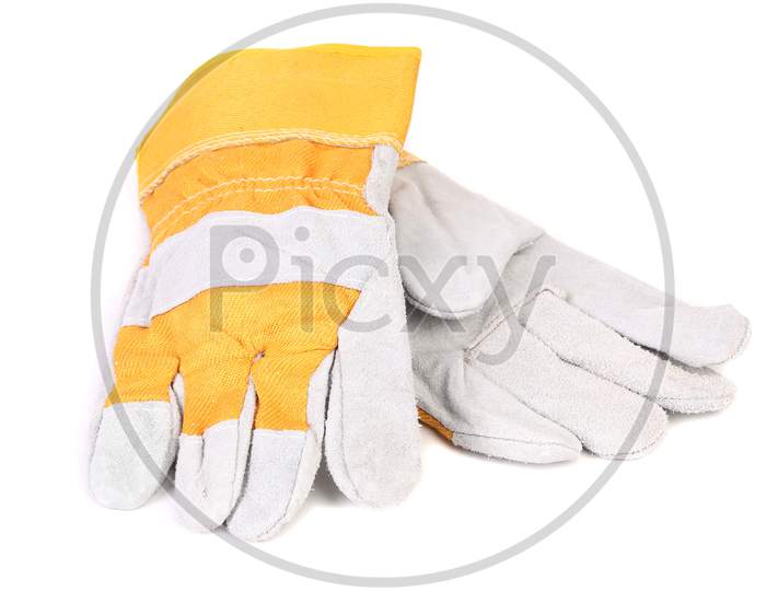 Construction Gloves Yellow White. Isolated On A White Background.