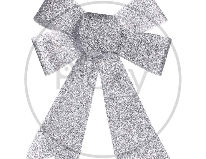 Christmas Silver Ribbon Decoration. Isolated On A White Background.