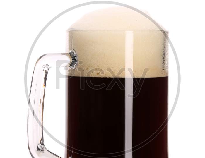 Closeup Of Mug Full With Brown Beer. Isolated On A White Background.