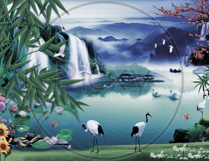 Natural landscape with mountains, river, forest, green hills. Illustration. Background