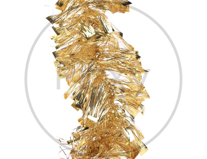 Christmas Golden Tinsel With Stars. Isolated On A White Background.
