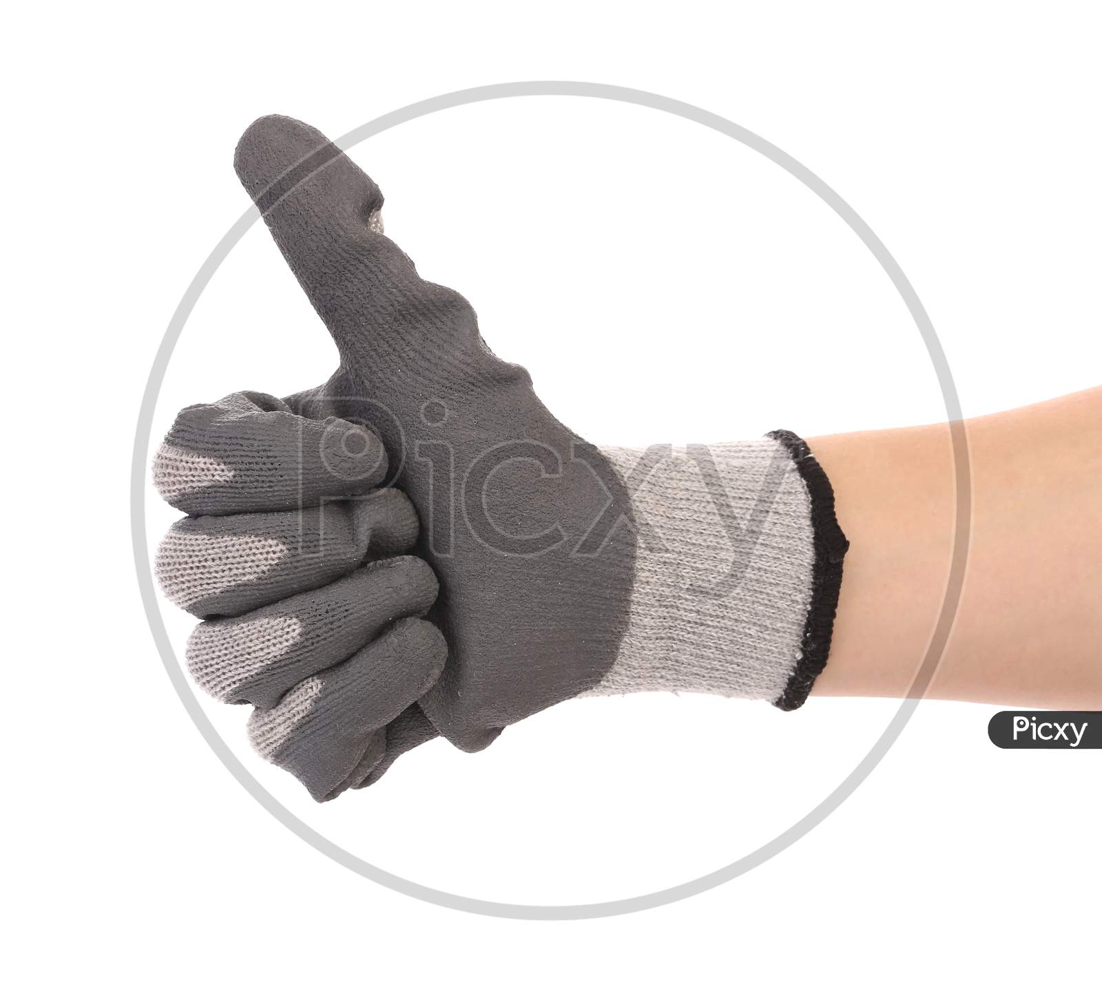 Hand In Glove With Thumbs Up. Isolated On A White Background.