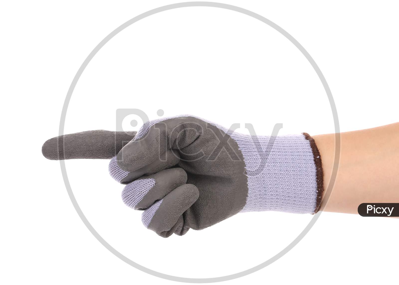 Hand In Glove Point With Finger. Isolated On A White Background.