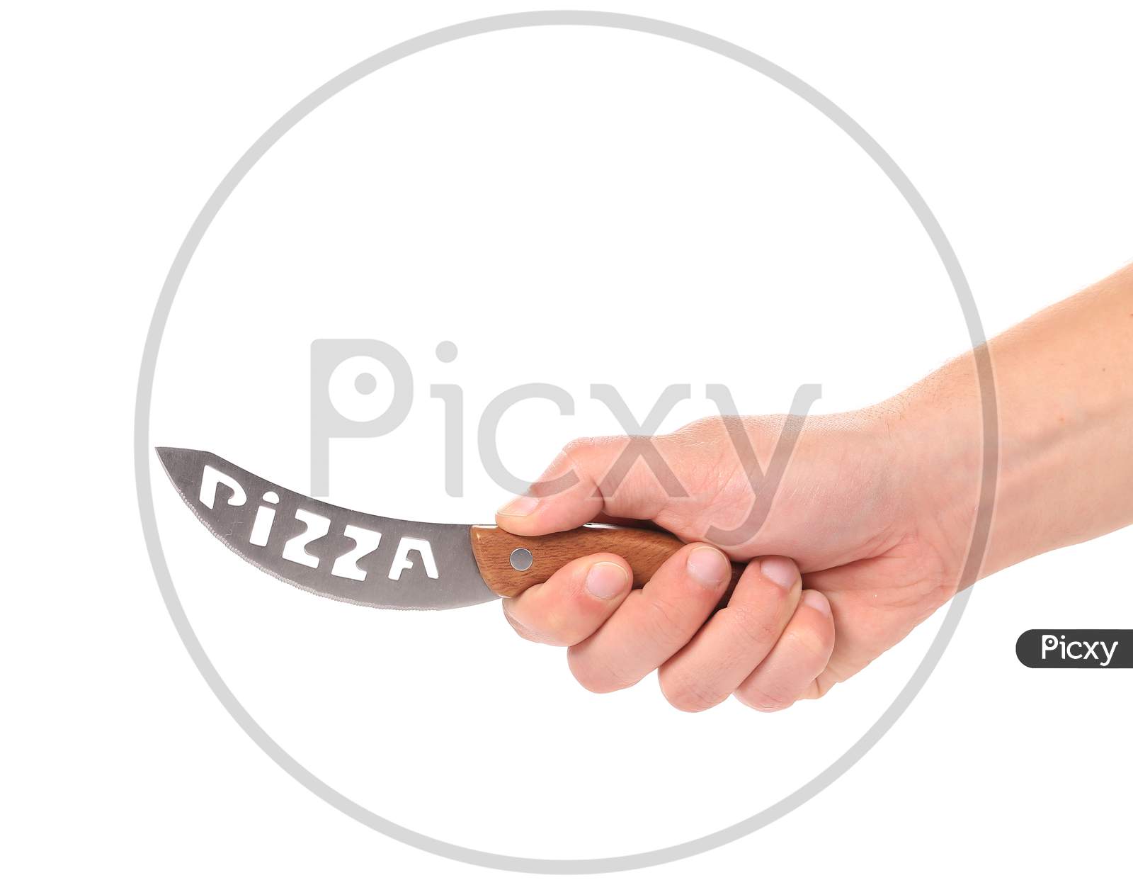 Hand Holds Pizza'S Knife. Isolated On A White Background.