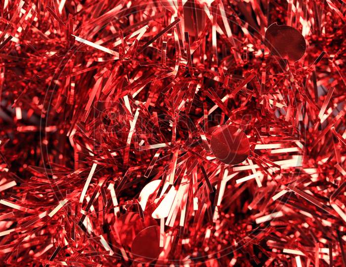 Christmas Red Tinsel With Stars. Whole Background.