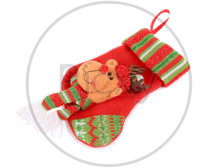Decorative Christmas Sock With Deer. Isolated On A White Background.