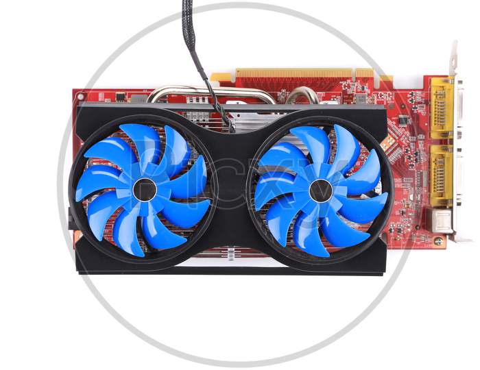 Powerful Computer Cooler With Blue Fun. Isolated On The White Background