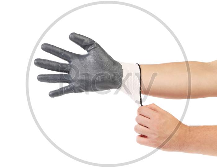 Hands Putting On Glove. Isolated On A White Background.