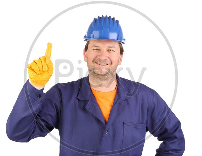 Worker Shows Hand Attracting Attention. Isolated On A White Background.
