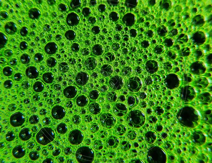 Photo of green colour bubbles on water surface. Design of water bubbles on water surface.