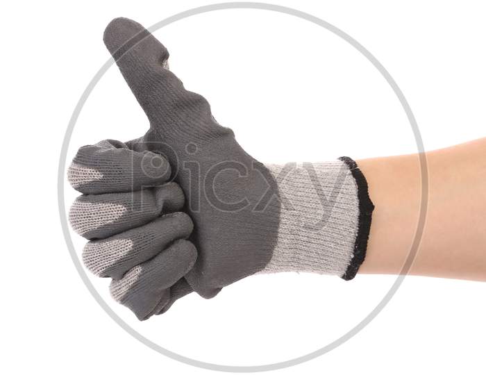 Hand In Glove With Thumbs Up. Isolated On A White Background.