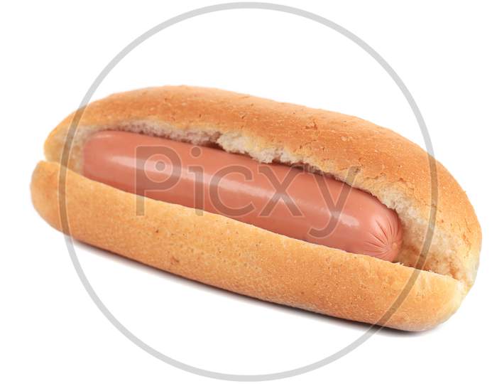 Hot Dog Bread And Sausage Roll. Isolated On A White Background.