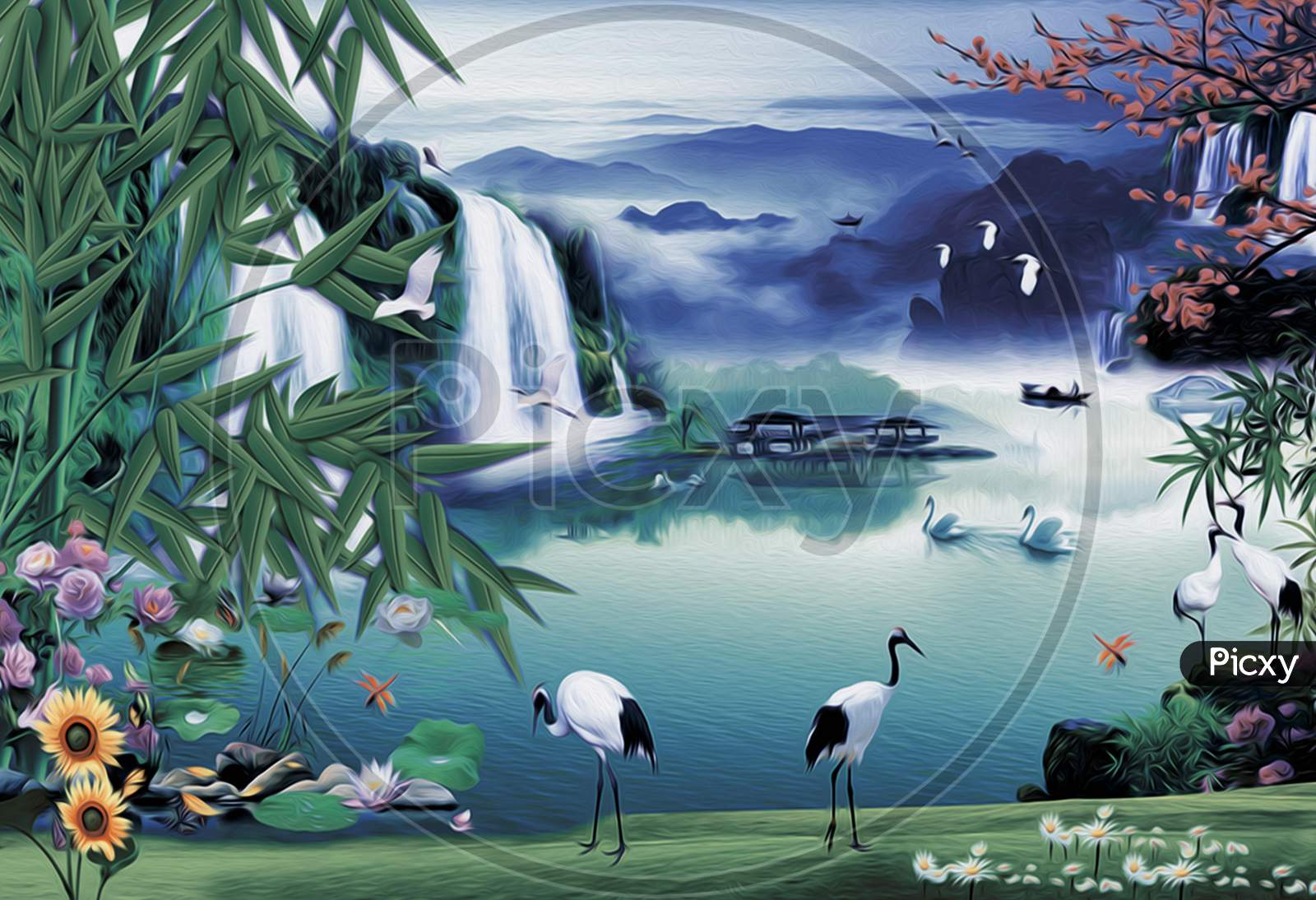 Natural landscape with mountains, river, forest, green hills. Illustration. Background