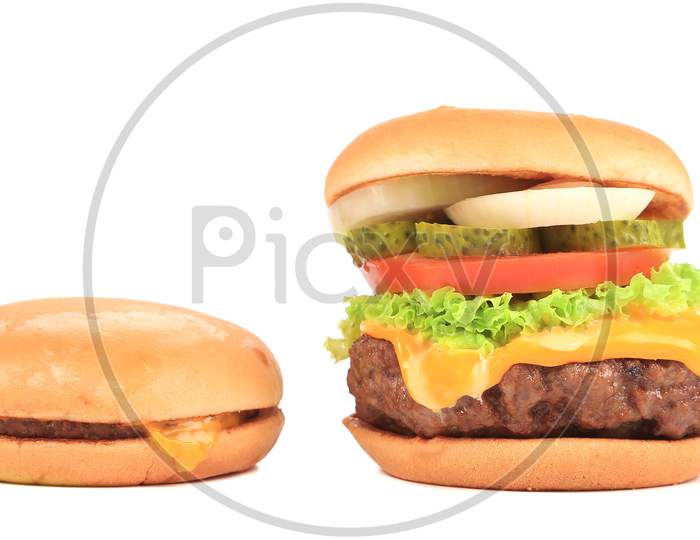 Cheeseburger And Hamburger. Isolated On A White Background.