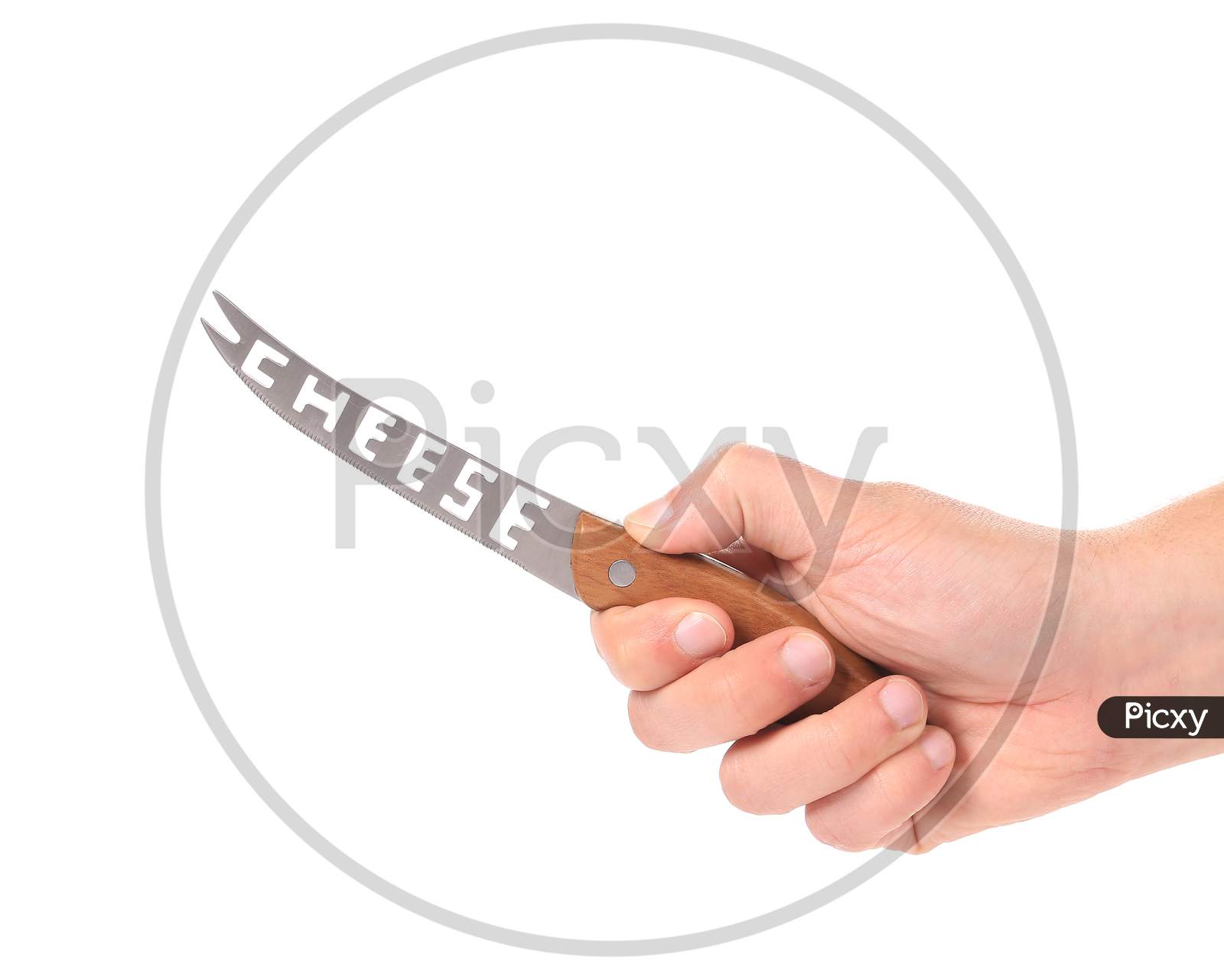 Hand Holds Cheese Knife. Isolated On A White Background.