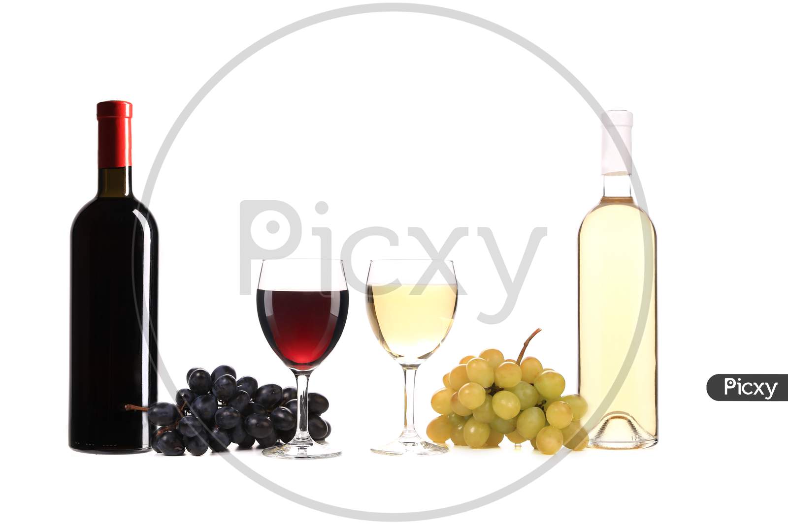 Composition Of Wine Bottle And Glass. Isolated On A White Background.