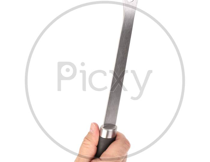 Hand Holding Bbq Fork. Isolated On A White Background.