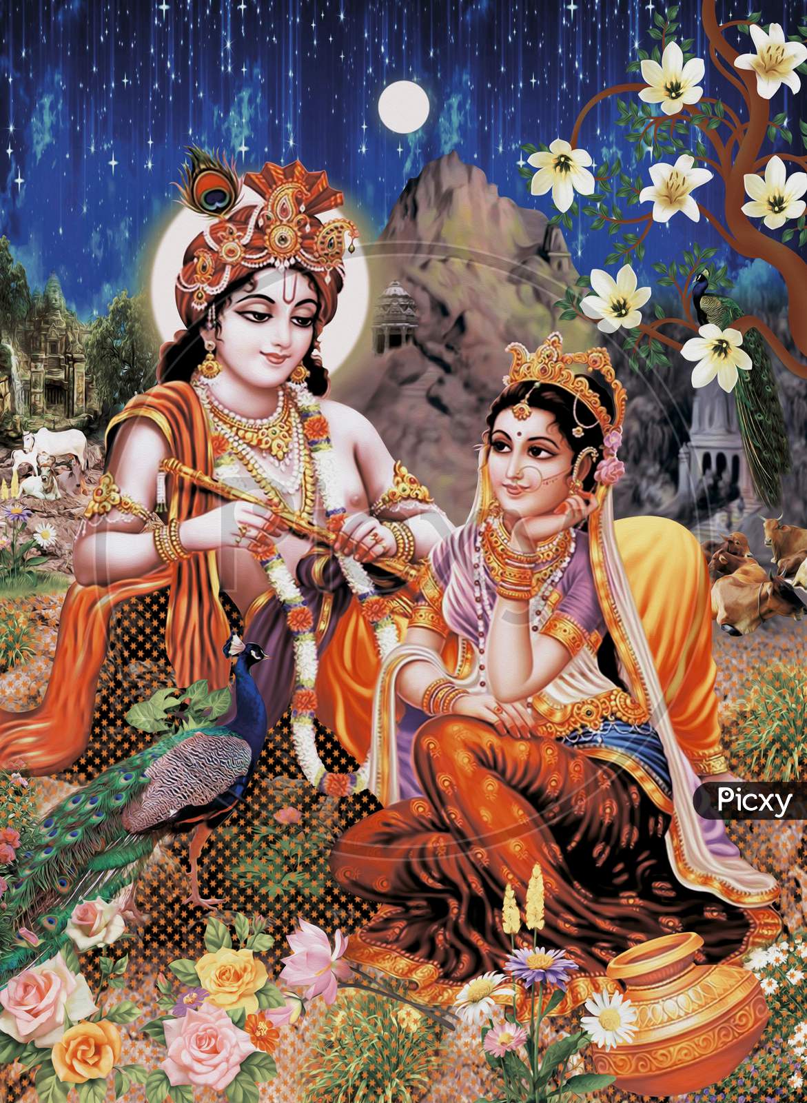 Radha wih krishna  indian god natural oil painting.