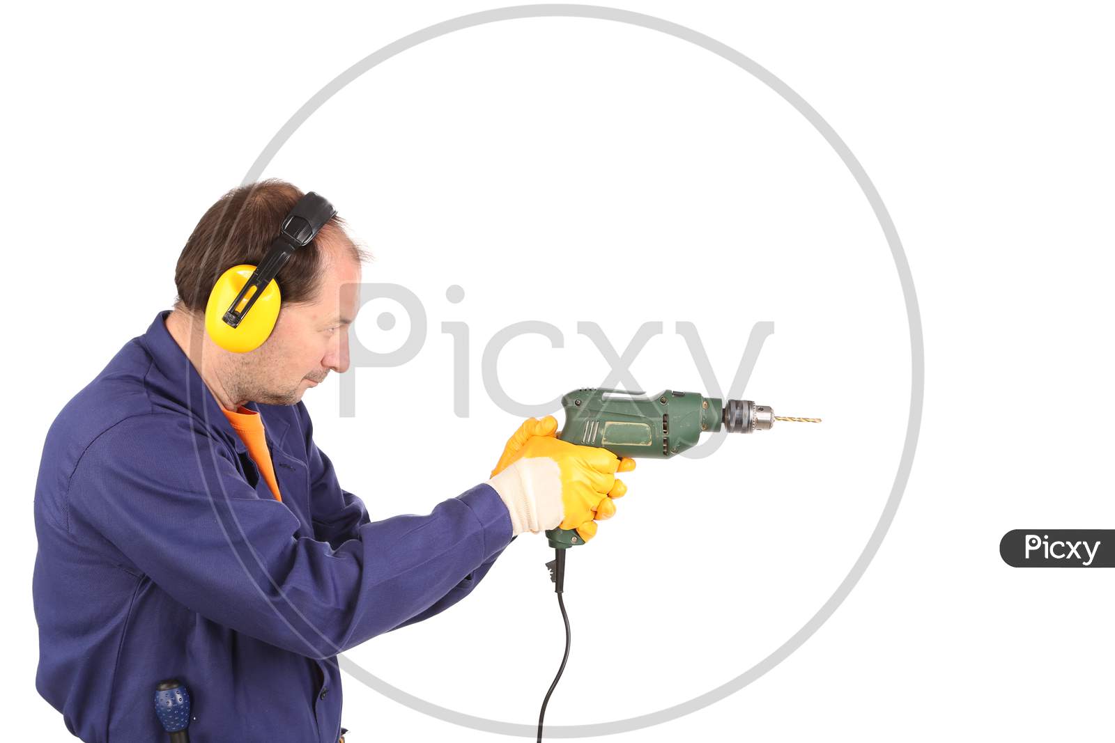 Worker On Ladder With Drill. Isolated On A White Background.