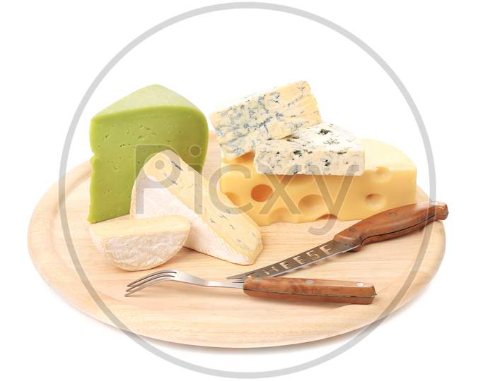Various Types Of Cheeses On Wood. With Knife. White Background.