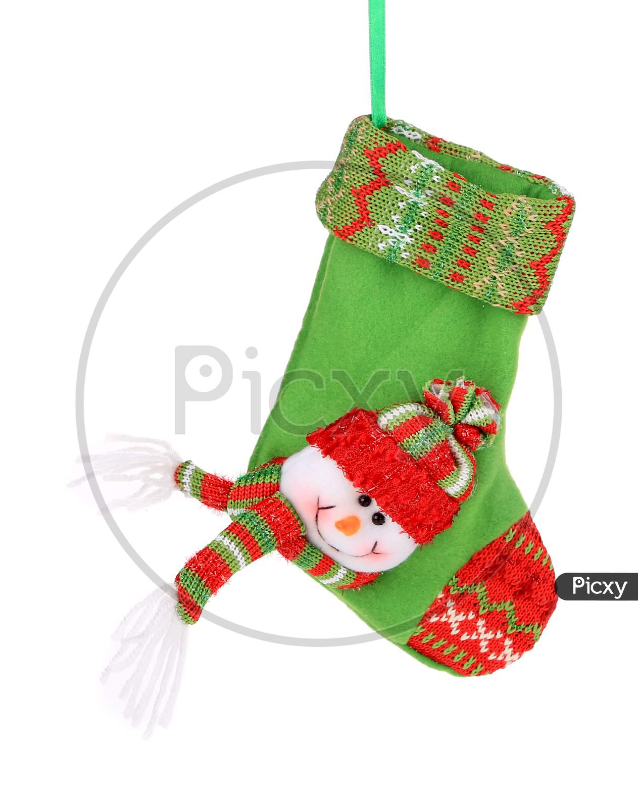 Christmas Green Sock With Snowman. Isolated On A White Background.