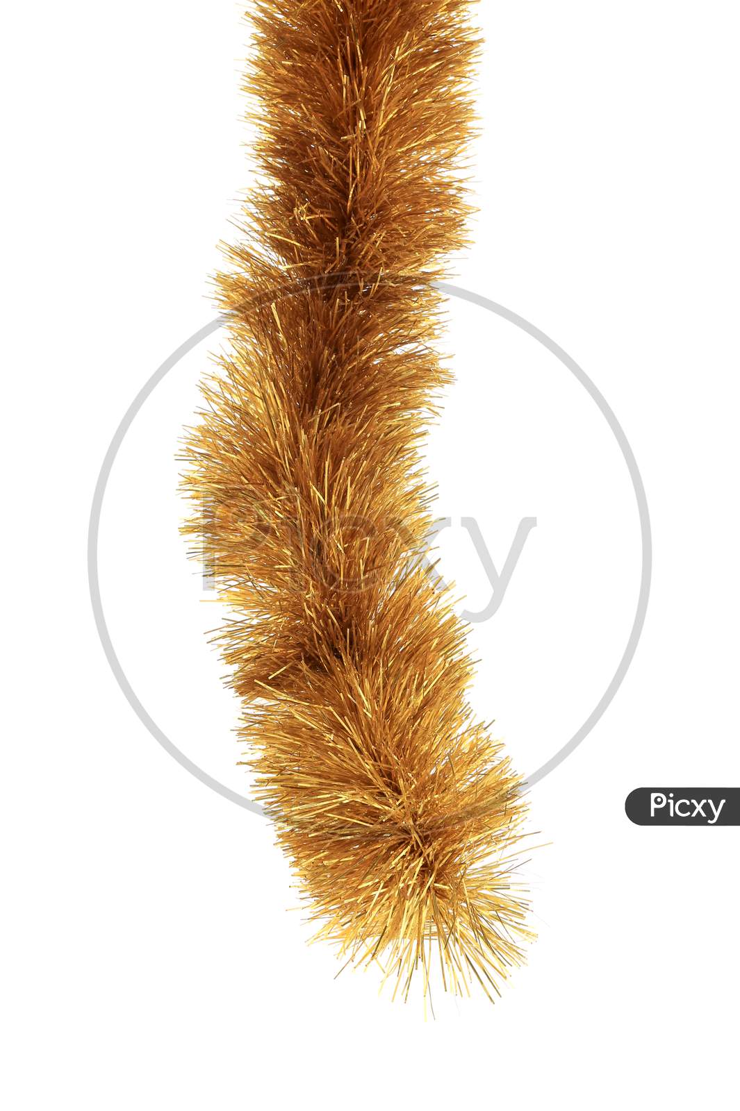 Close Up Of Christmas Golden Tinsel. Isolated On A White Background.