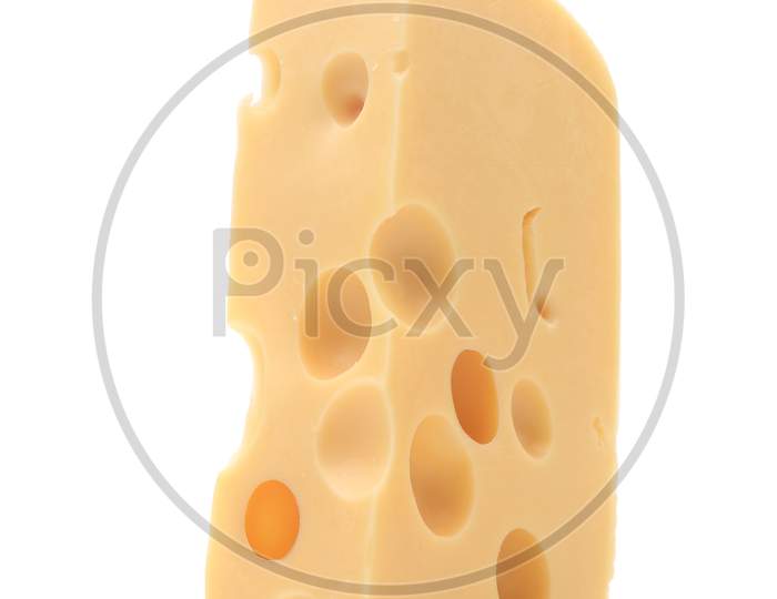 Close Up Of Cheese Slice. Isolated On A White Background.