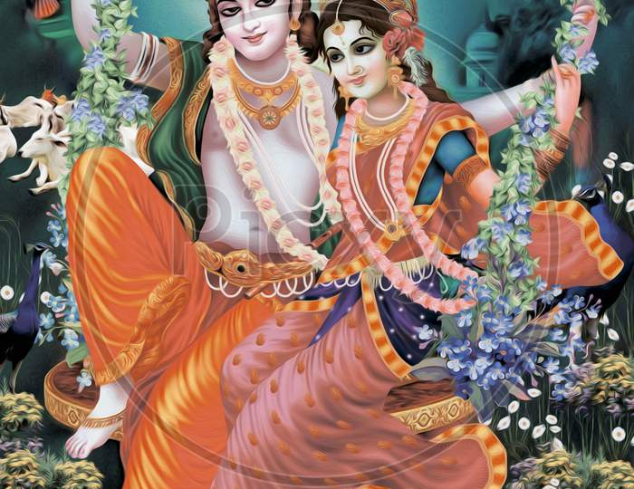 Hindu god radha krishna colorful painting.