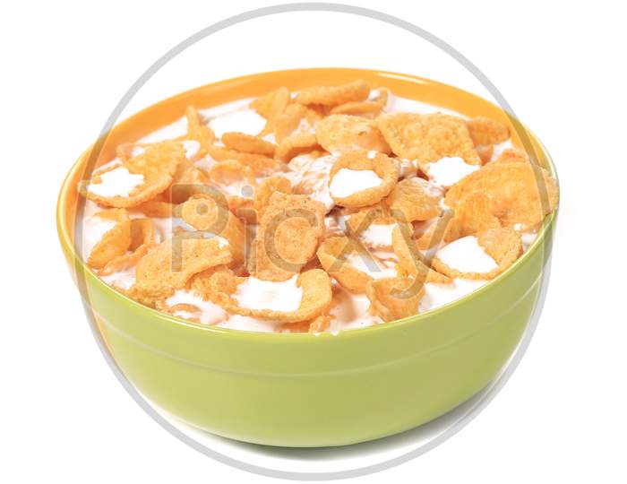 Bowl Of Cereal With Milk. Isolated On A White Background.
